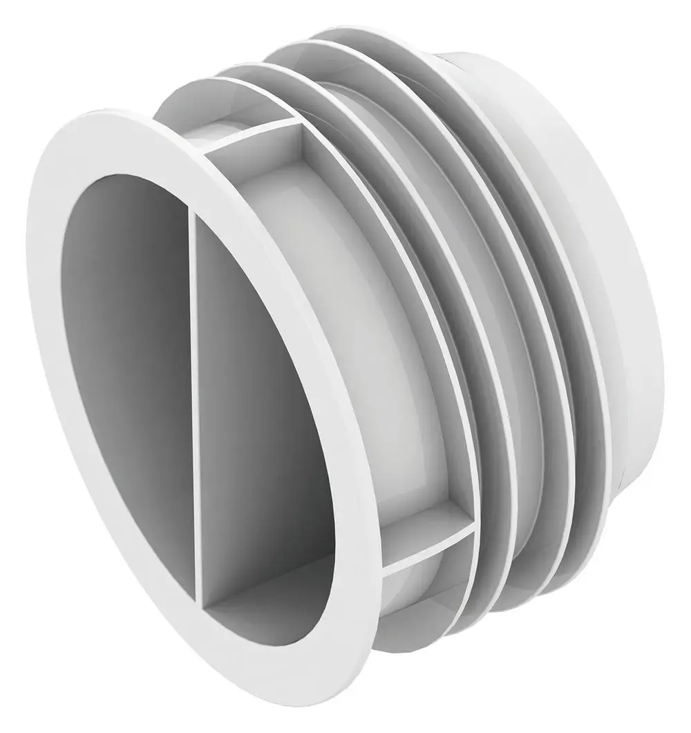 Runder Verbindungselement für Luftverteiler, in weißer Farbe, mit geripptem Design. Produkt von Vaillant, geeignet für Niedrigbau-Anwendungen.